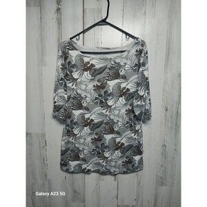 Chico's Size 2 Black White Brown Floral Half Sleeve Top